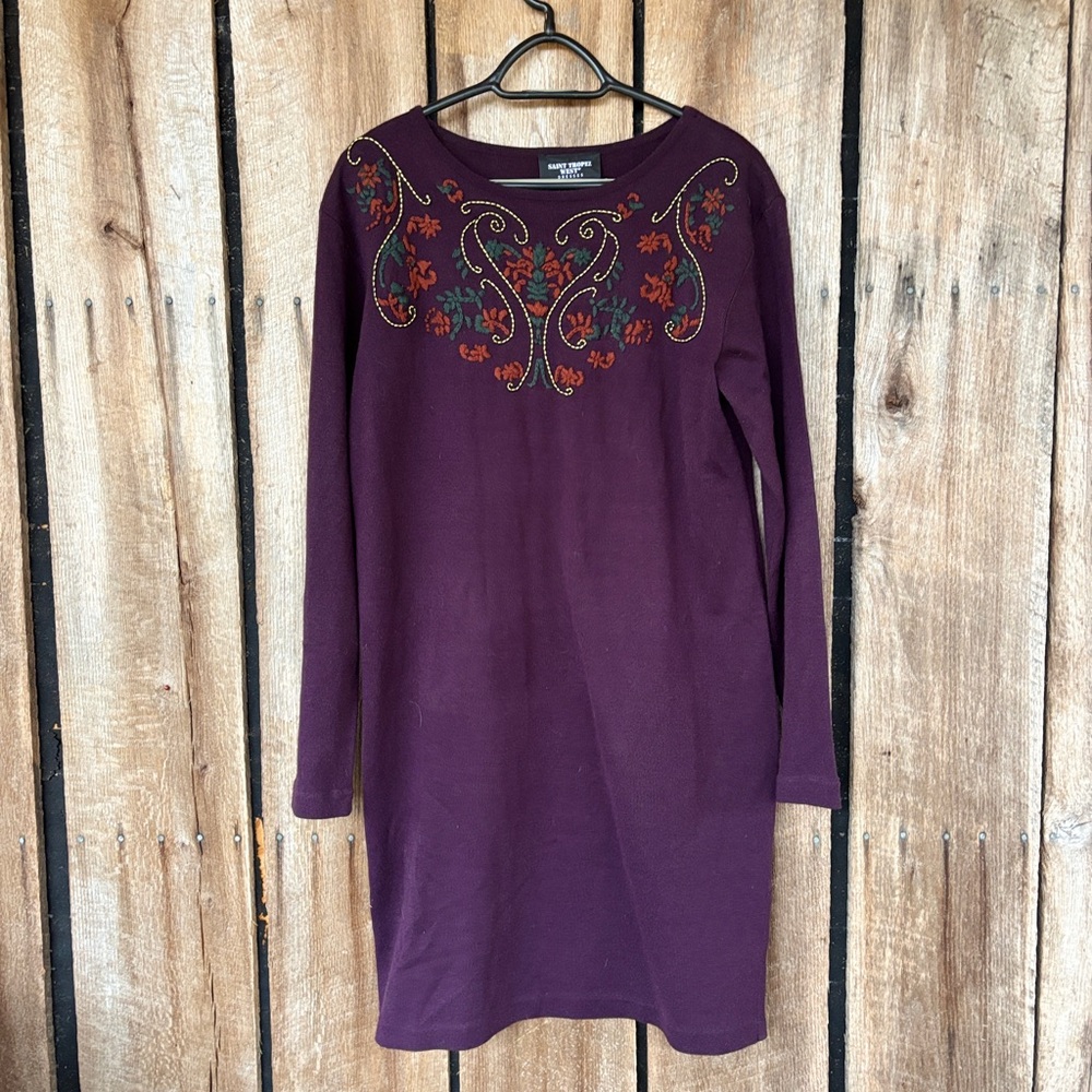 Saint Tropez West Embroidered Sweater Dress XL Purple Boho Cottagecore Winter - Picture 7 of 7